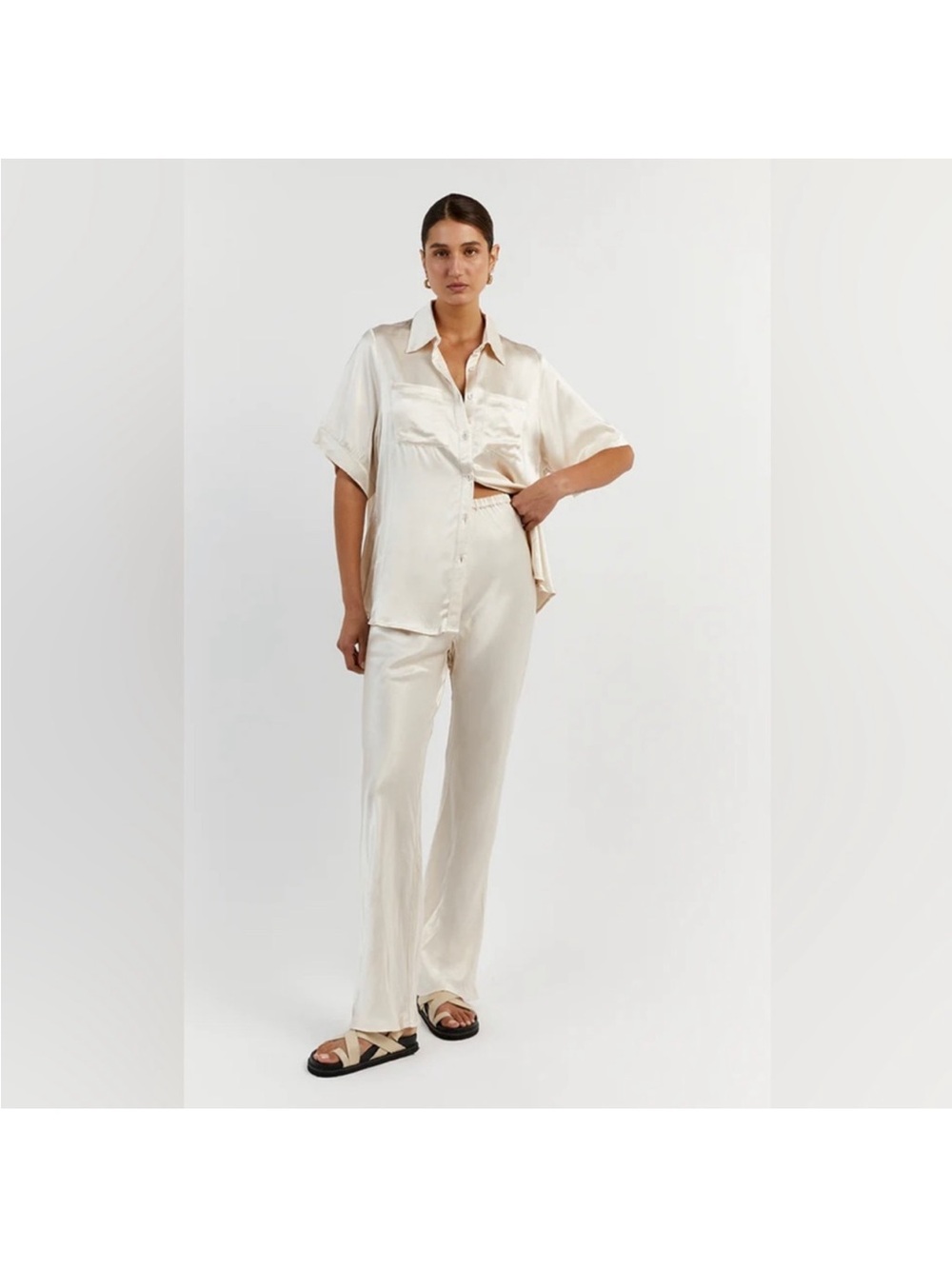 DISSH Cream Satin Wide-Leg Trousers
